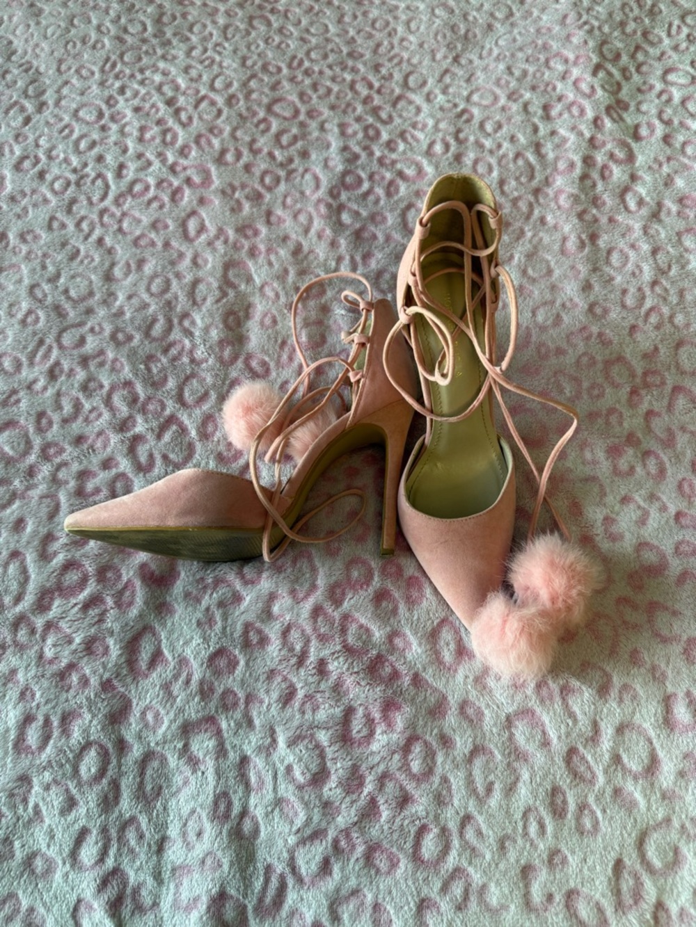 Shoe Republic LA Pink Lace-Up Pointed Toe Heels with Pom Pom Accents